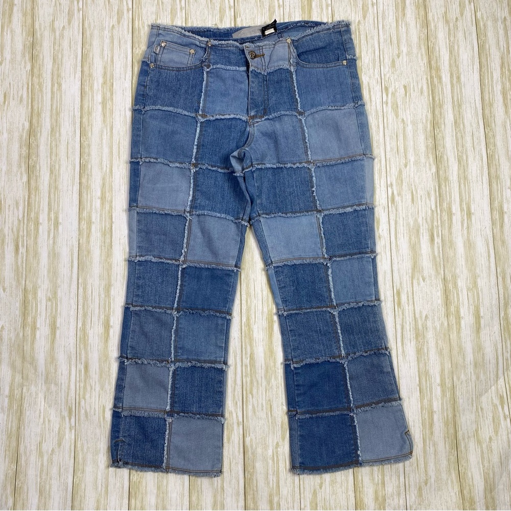 Vintage Y2K Crest Blue Patchwork Cropped Denim Low Rise Jeans